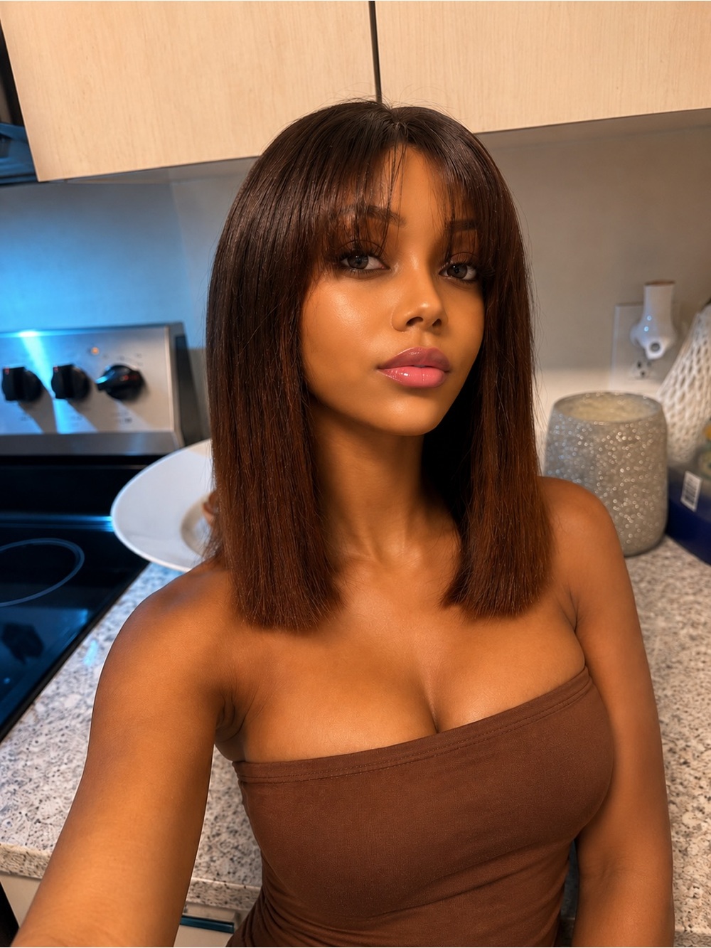 Vietnames Brown Ombre Straight Wig with Bangs - Women Hair